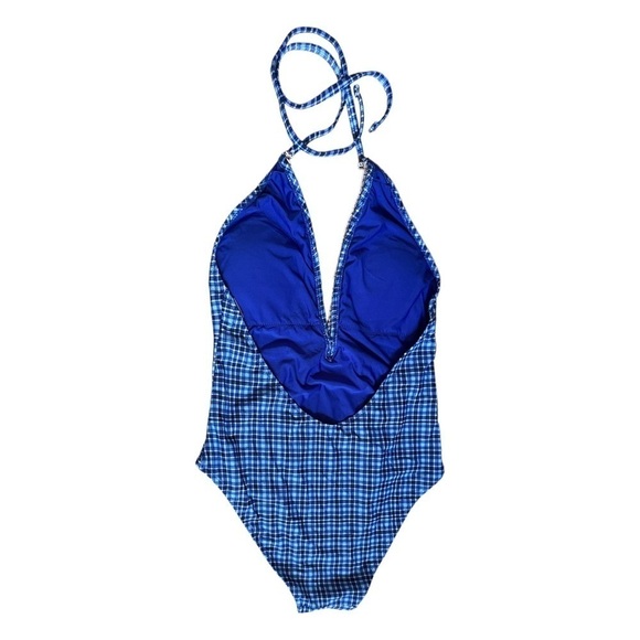 Mermaid Swimwear Plaid Ruffle Bright Blue Halter One Piece Swimsuit Size L - Picture 2 of 8